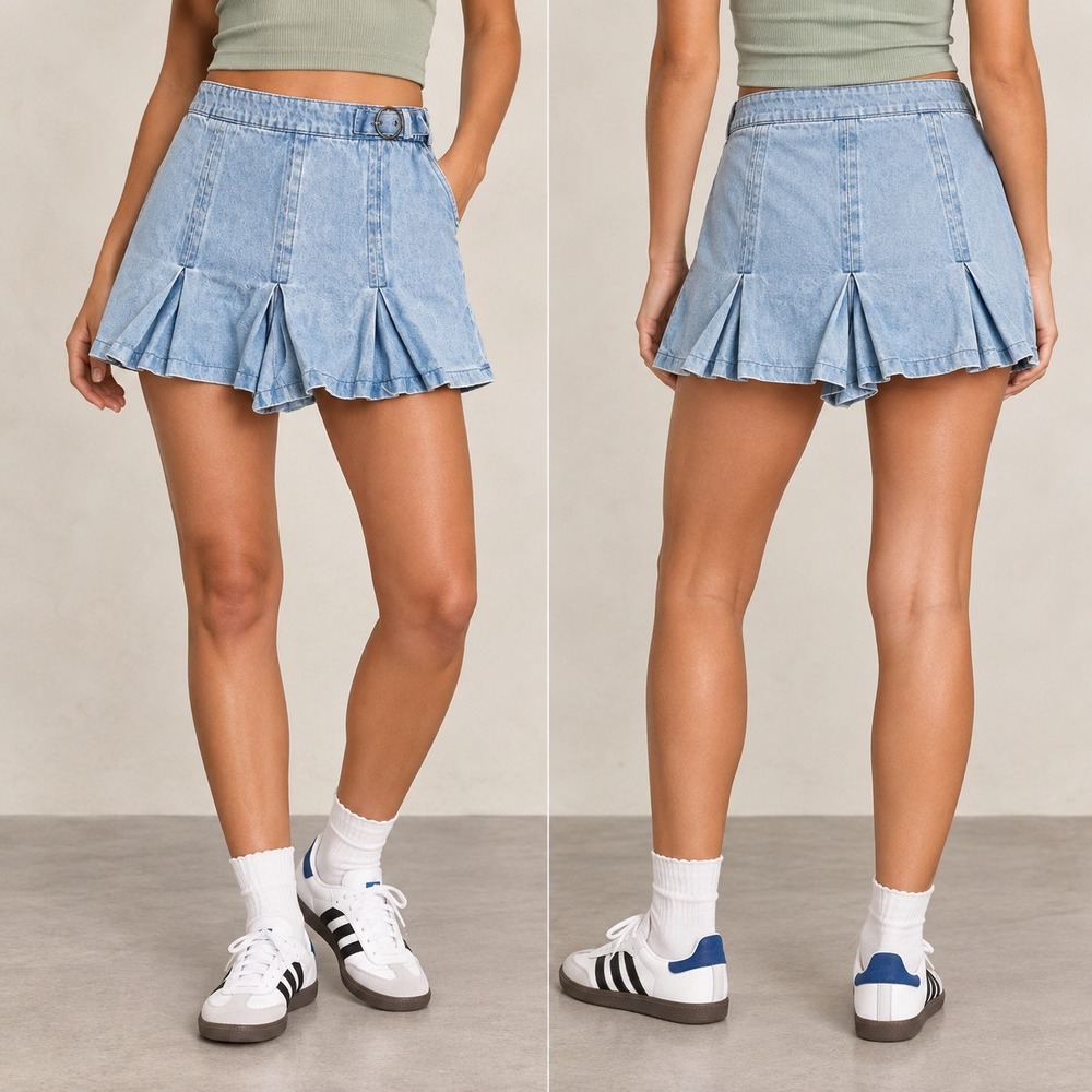Cali 1850 Denim Skort Women 26 Medium Light Wash Pleated Buckle Mini Skort